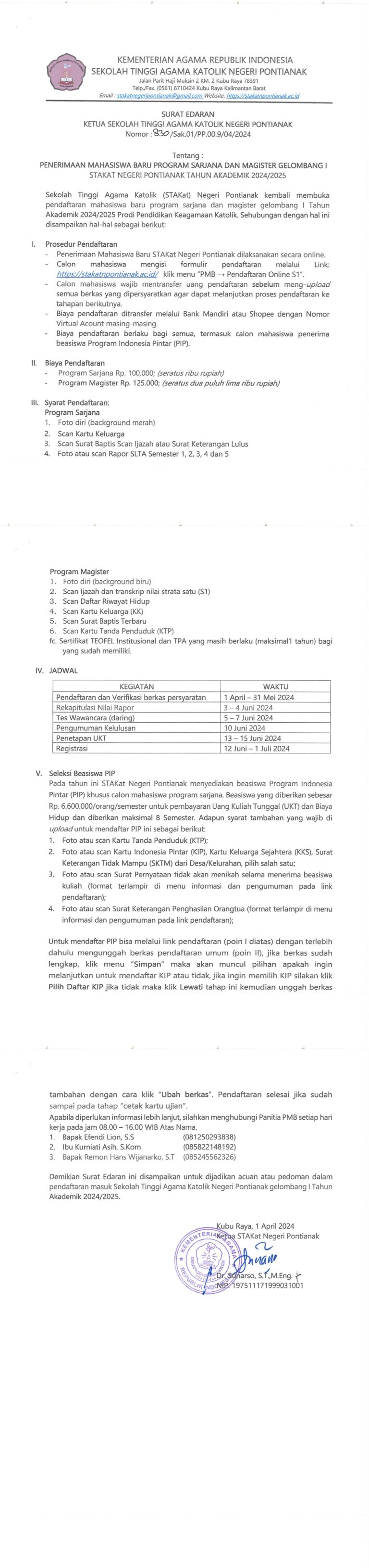 Surat Edaran Ketua STAKAT Negeri Pontianak Tentang Penerimaan Mahasiswa Baru Program Sarjana dan Program Magister Gelombang 1 Tahun Akademik 2024/2025
